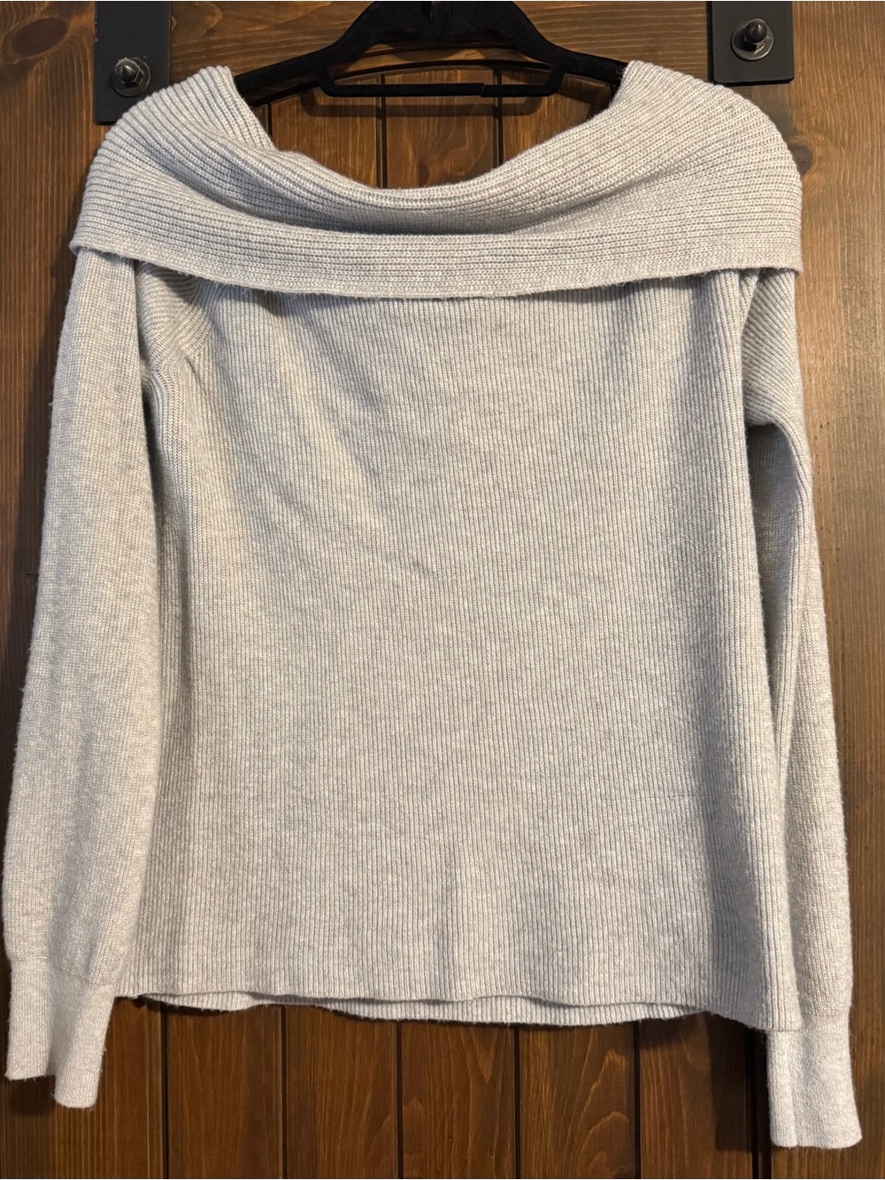 Leith Light Gray Off-the-Shoulder Ribbed Sweater